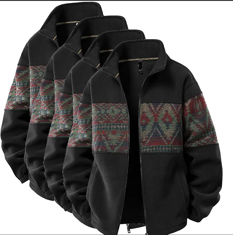 Men's Retro Ethnic Fleece Lined Zip Up Stand Collar Cardigan Jacket, 4-Pack