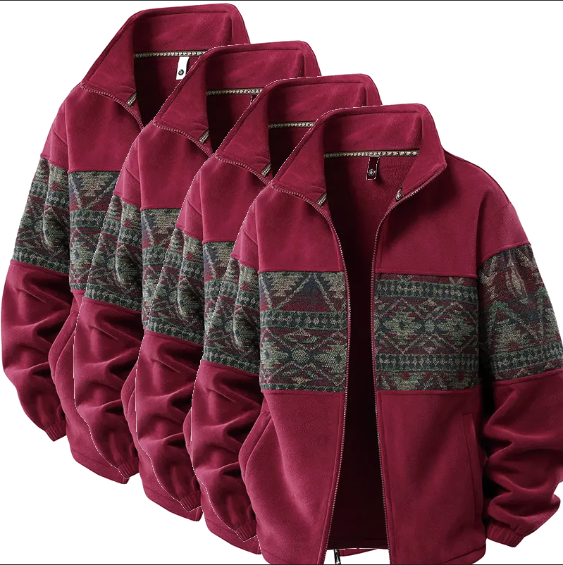 Men's Retro Ethnic Fleece Lined Zip Up Stand Collar Cardigan Jacket, 4-Pack