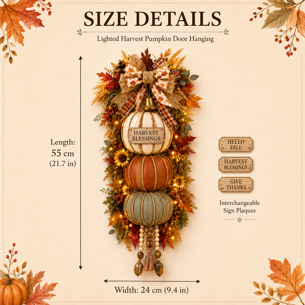 🏡🎃Lighted Stacked Pumpkin Fall Front Door Decoration, 3 Interchangeable Seasonal Plaques for Autumn, Halloween & Thanksgiving